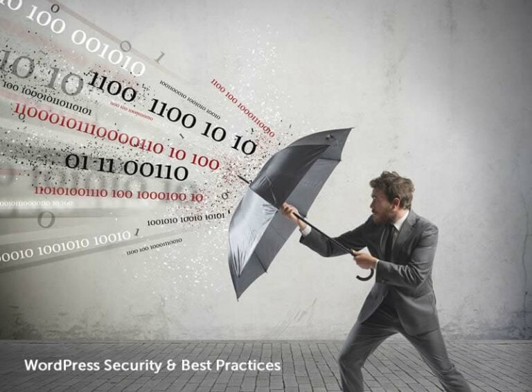 Man in a suit holding an umbrella to deflect streams of binary code, symbolizing protection from digital threats. Text on the image reads 