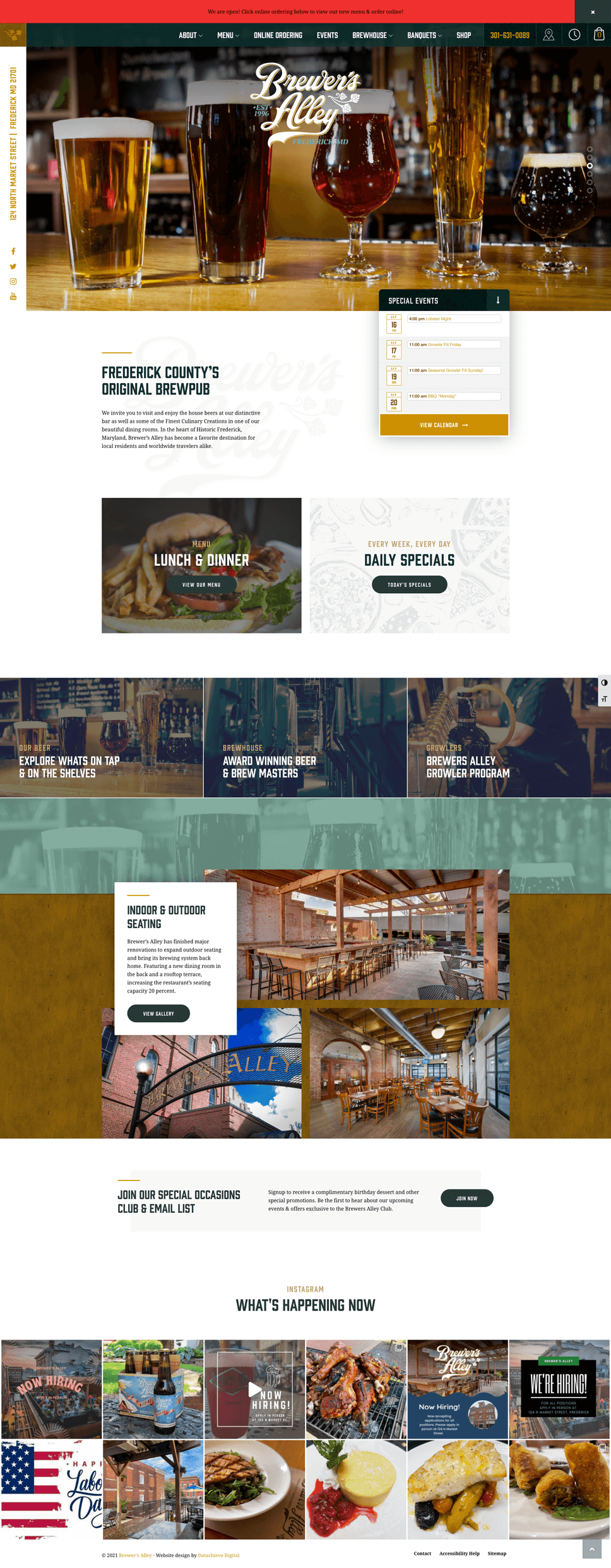 Brewpub website featuring a header with drinks, navigation bar, and reservation section. It highlights dining options, daily specials, events, and includes images of food, drinks, and the venue's interior. A section at the bottom shows social media updates.