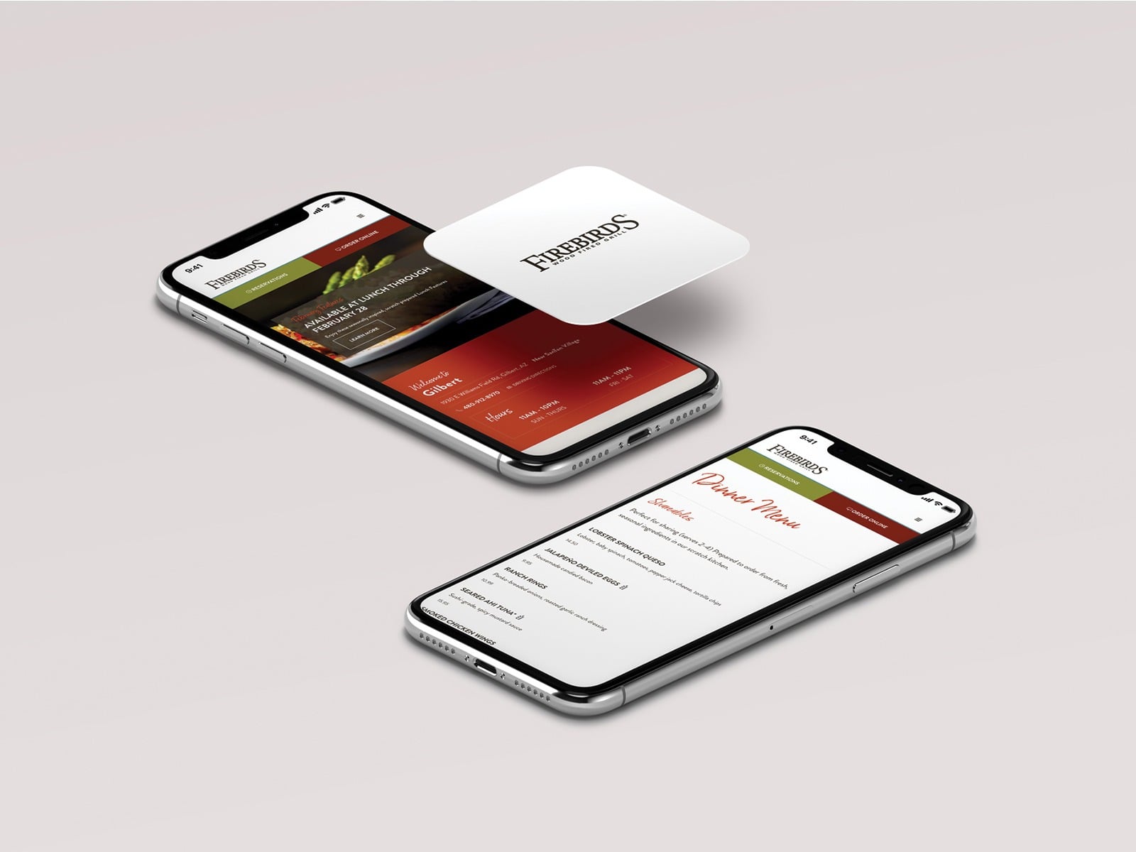 Two smartphones display a restaurant's online menu with a red header, showcasing lunch and dinner options. A business card with a stylized logo featuring 