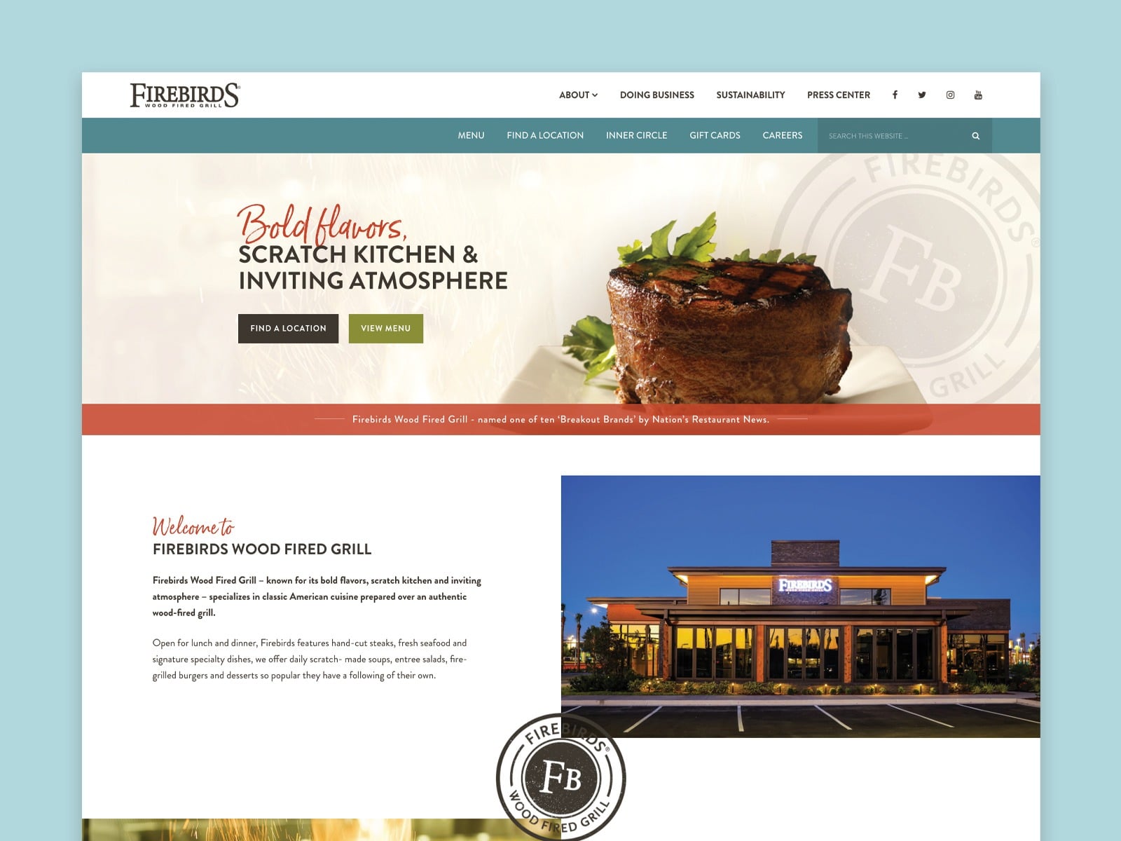 Screenshot of Firebirds Wood Fired Grill website featuring a steak image with the text 