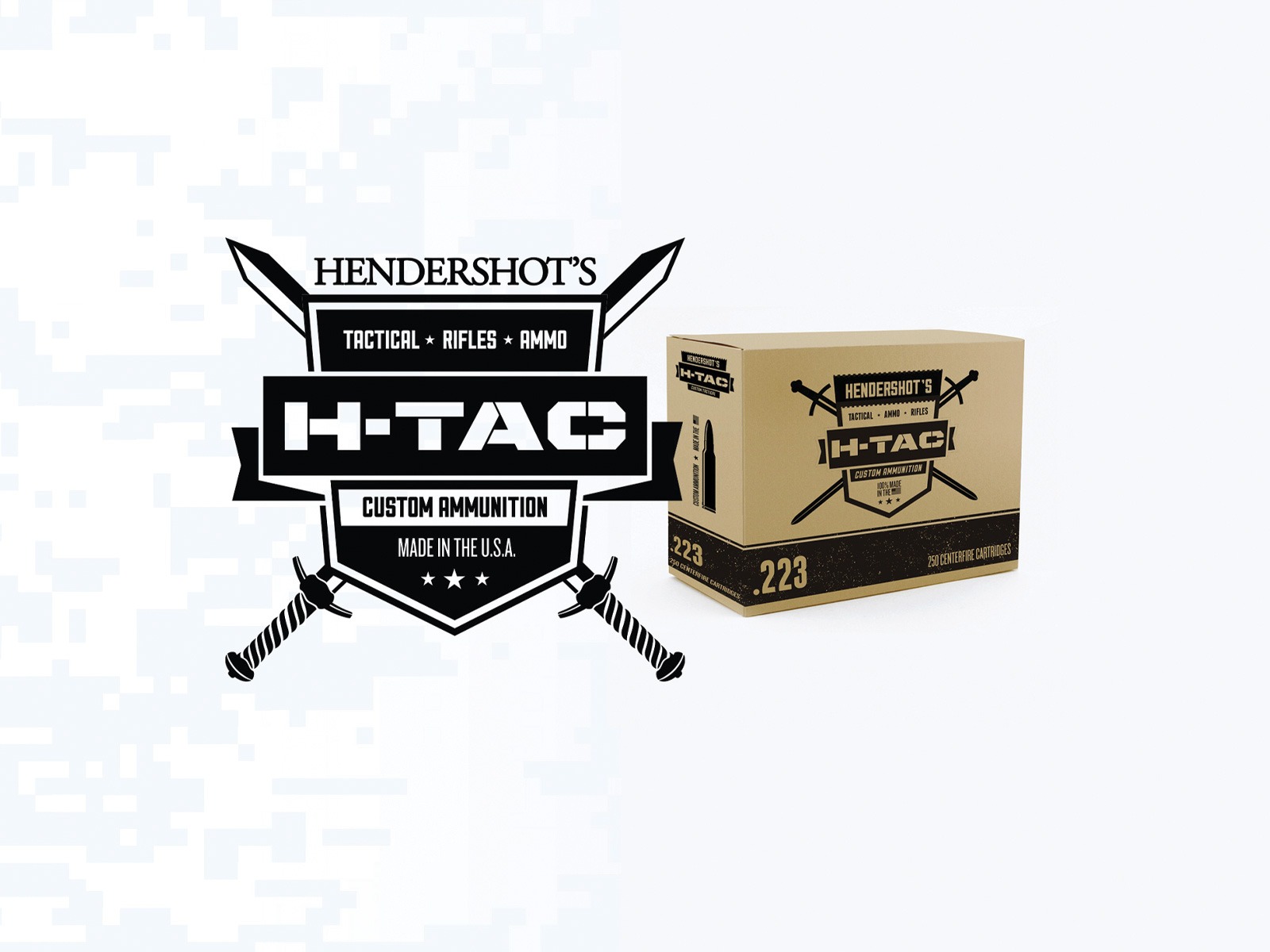 Image of a Hendershot's H-TAC ammunition box in beige with the label 