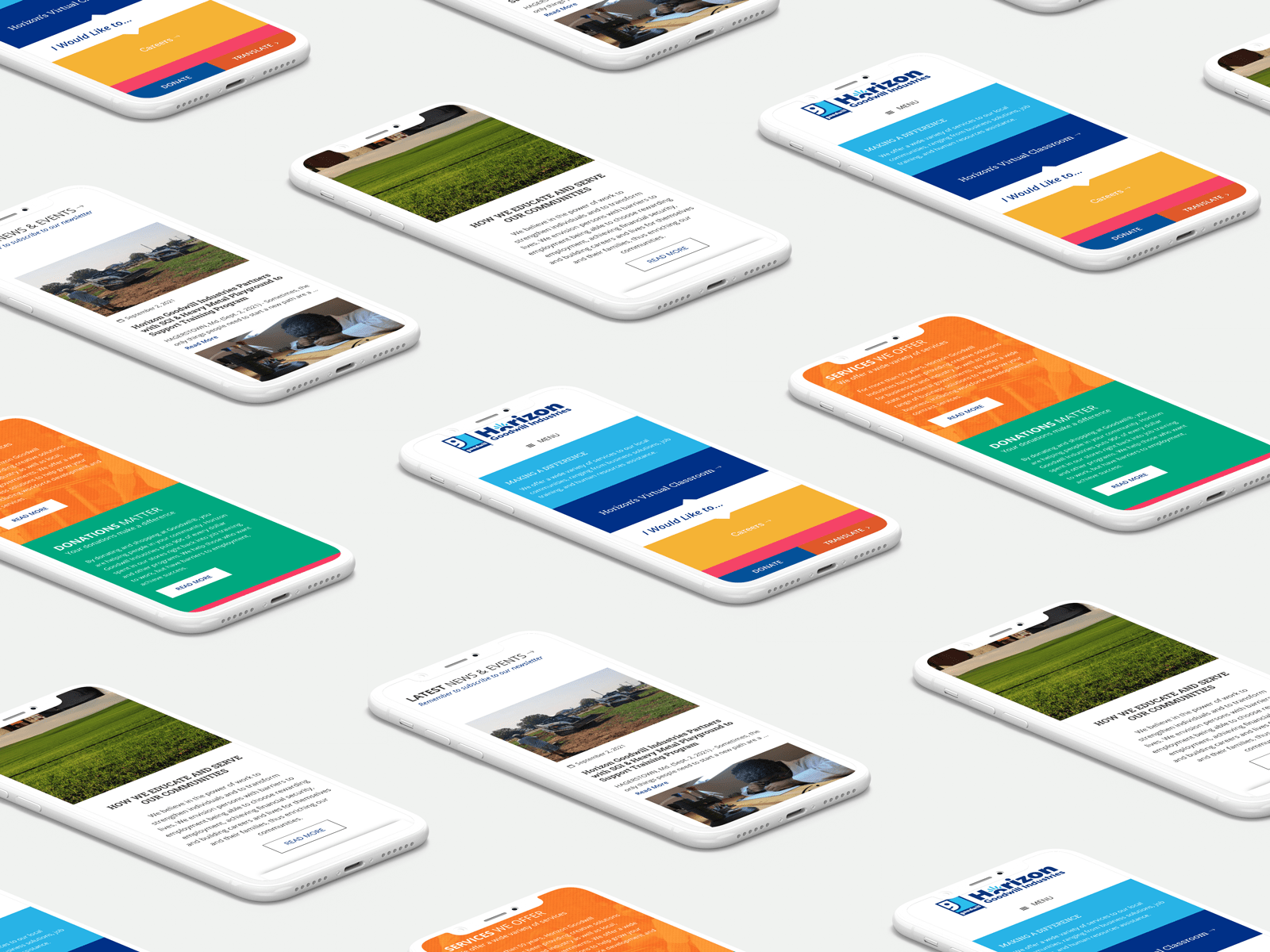 A group of smartphones displayed diagonally in a grid pattern, each screen showing the navigation app of Leveneen with various colored interfaces, including blue, orange, and green sections, on a light background.