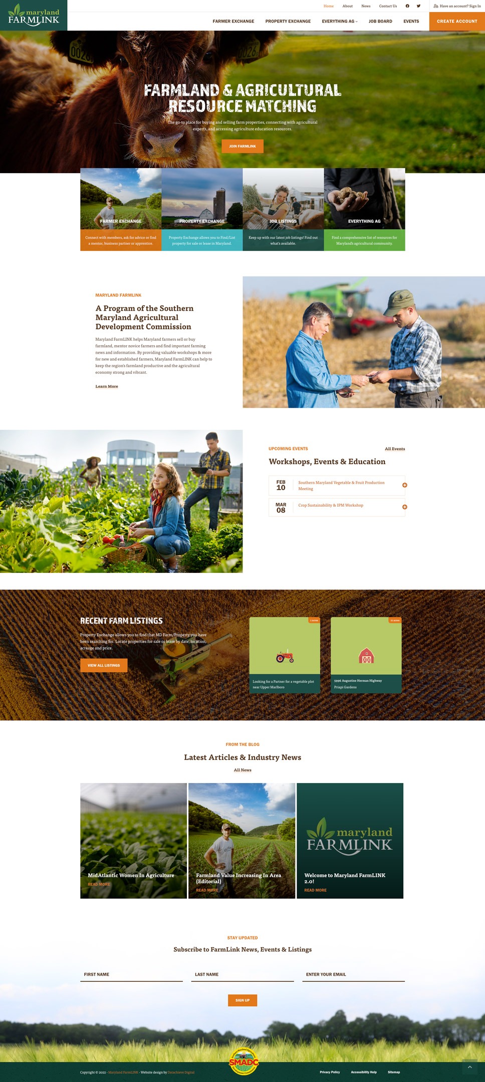 Screenshot of a website for Farmland and Agricultural Resource Matching. Features images of farmers, crops, and links to programs, events, and articles. Includes a subscription form at the bottom with a farm-themed footer.