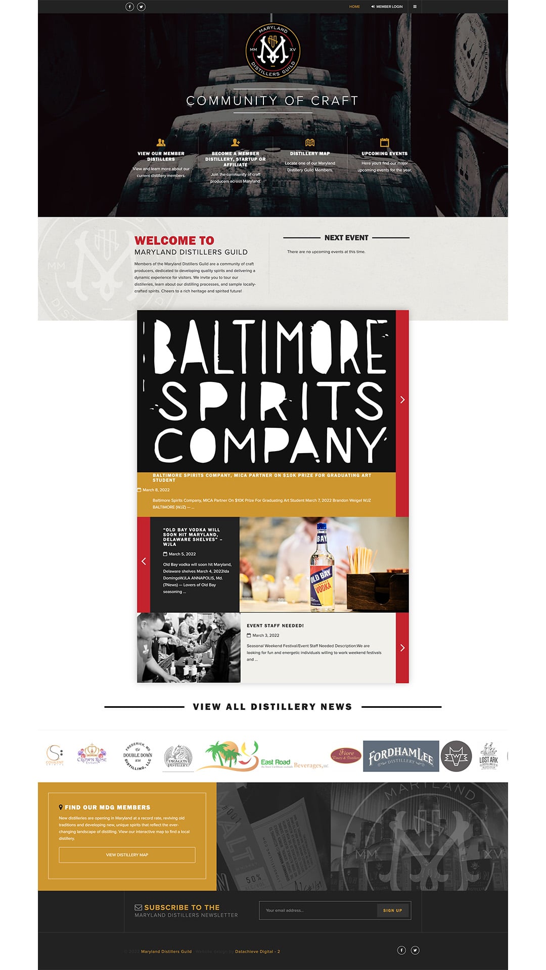 Screenshot of a website featuring Maryland Distillers Guild. It includes a banner, information about Baltimore Spirits Company, and logos of sponsors at the bottom. The design uses a dark theme with gold and white accents.