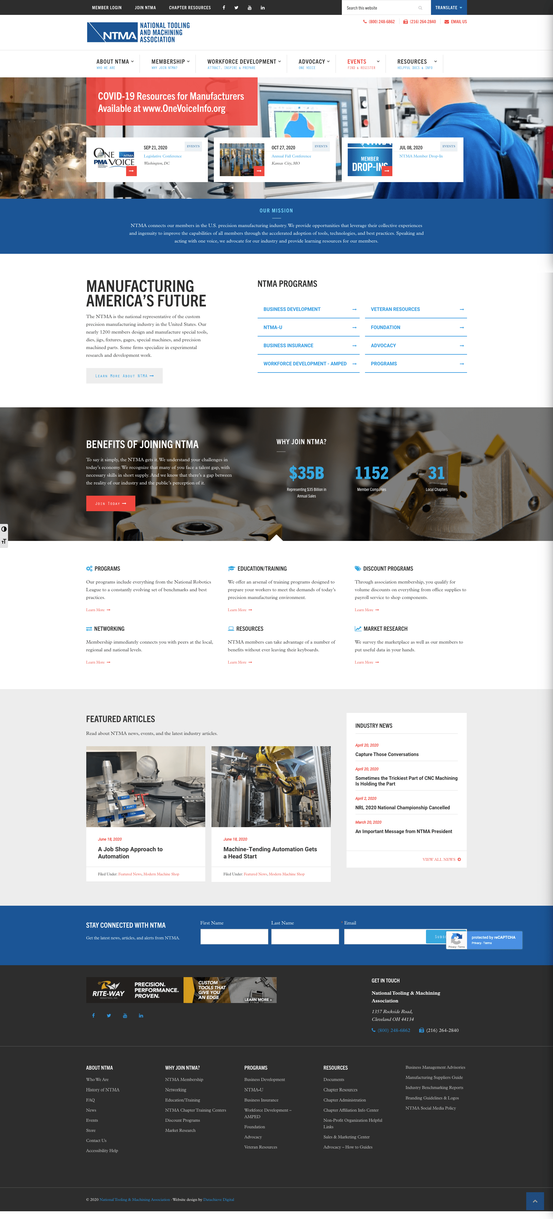 Screenshot of the NTMA website homepage featuring a header with a navigation menu, COVID-19 resources banner, search bar, and links to NTMA programs, benefits, and featured articles. The footer includes contact information and social media links.