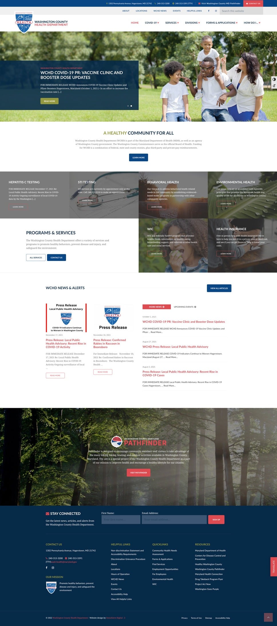 Screenshot of a public health department's website featuring COVID-19 vaccine updates, program links, and health services. The header includes a logo and navigation menu. Various sections highlight services, news alerts, and contact information.