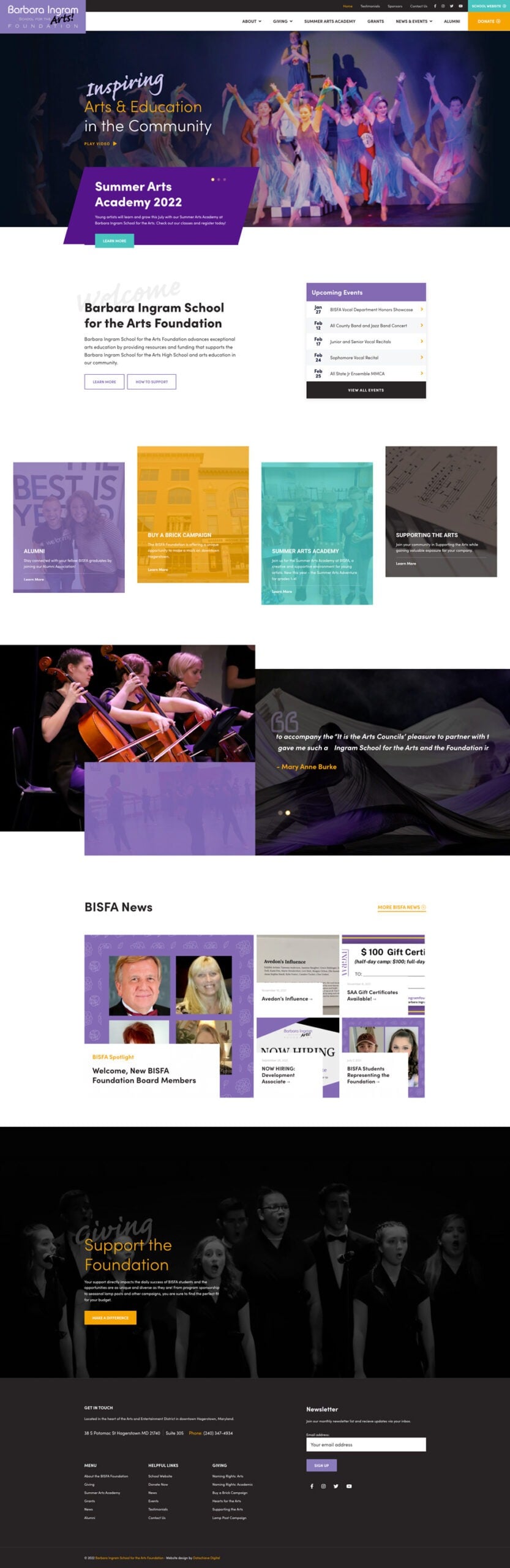 The image is a webpage for Baltimore School for the Arts. It features colorful sections about their programs, a summer academy, events, and a foundation. There are photos of students performing music, dance, and theater, and a section with faculty images.
