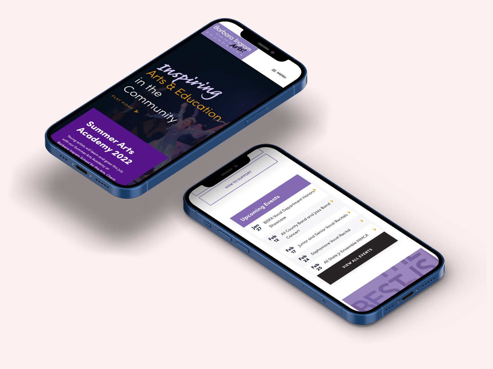 Two smartphones displaying a website for an arts academy. One phone shows an 