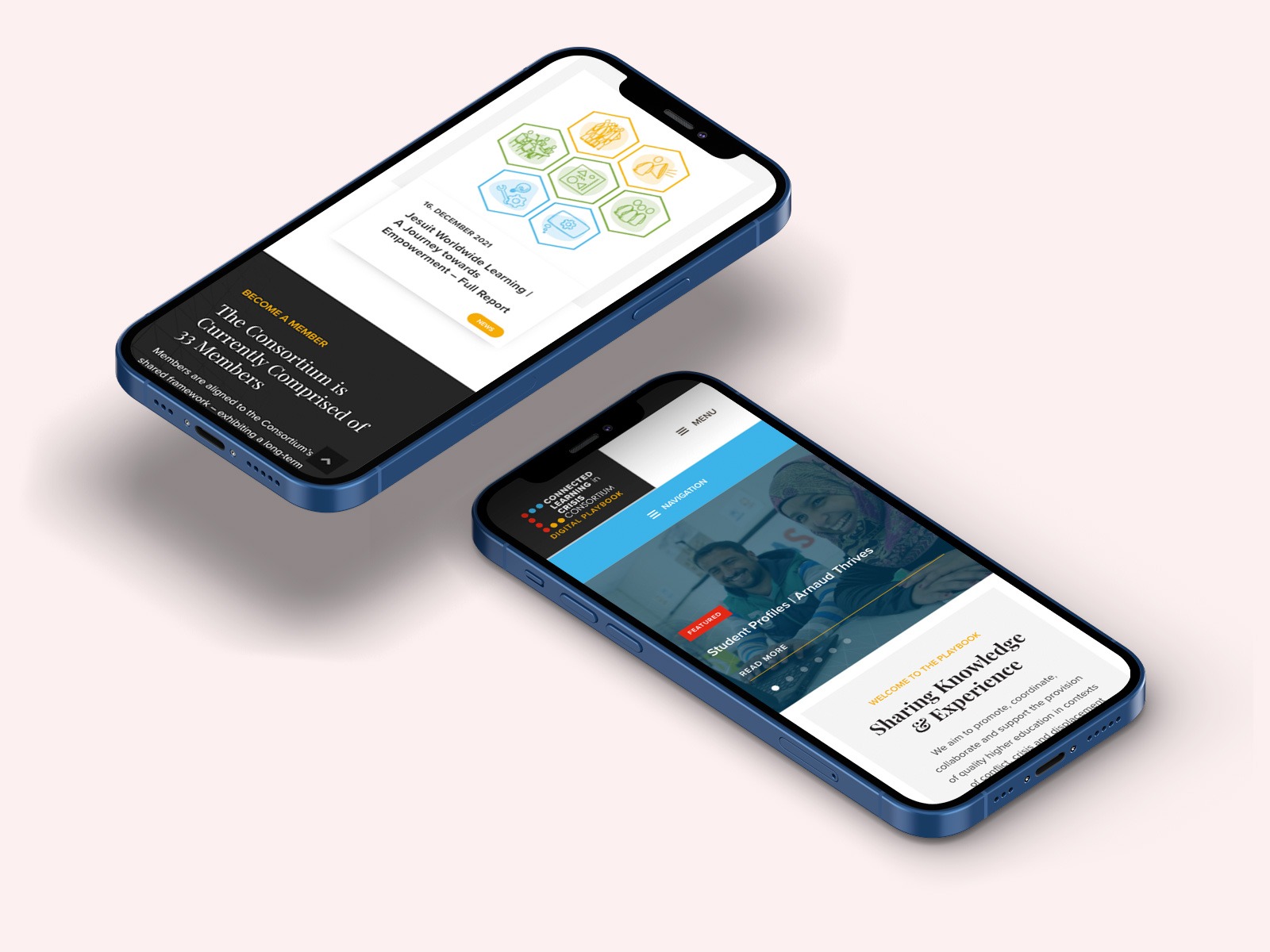 Two smartphones display websites on white backgrounds. One shows a chart with colorful hexagons and text about cannabis. The other features a headline and two people smiling. Both phones are angled, showing their sides and screens.