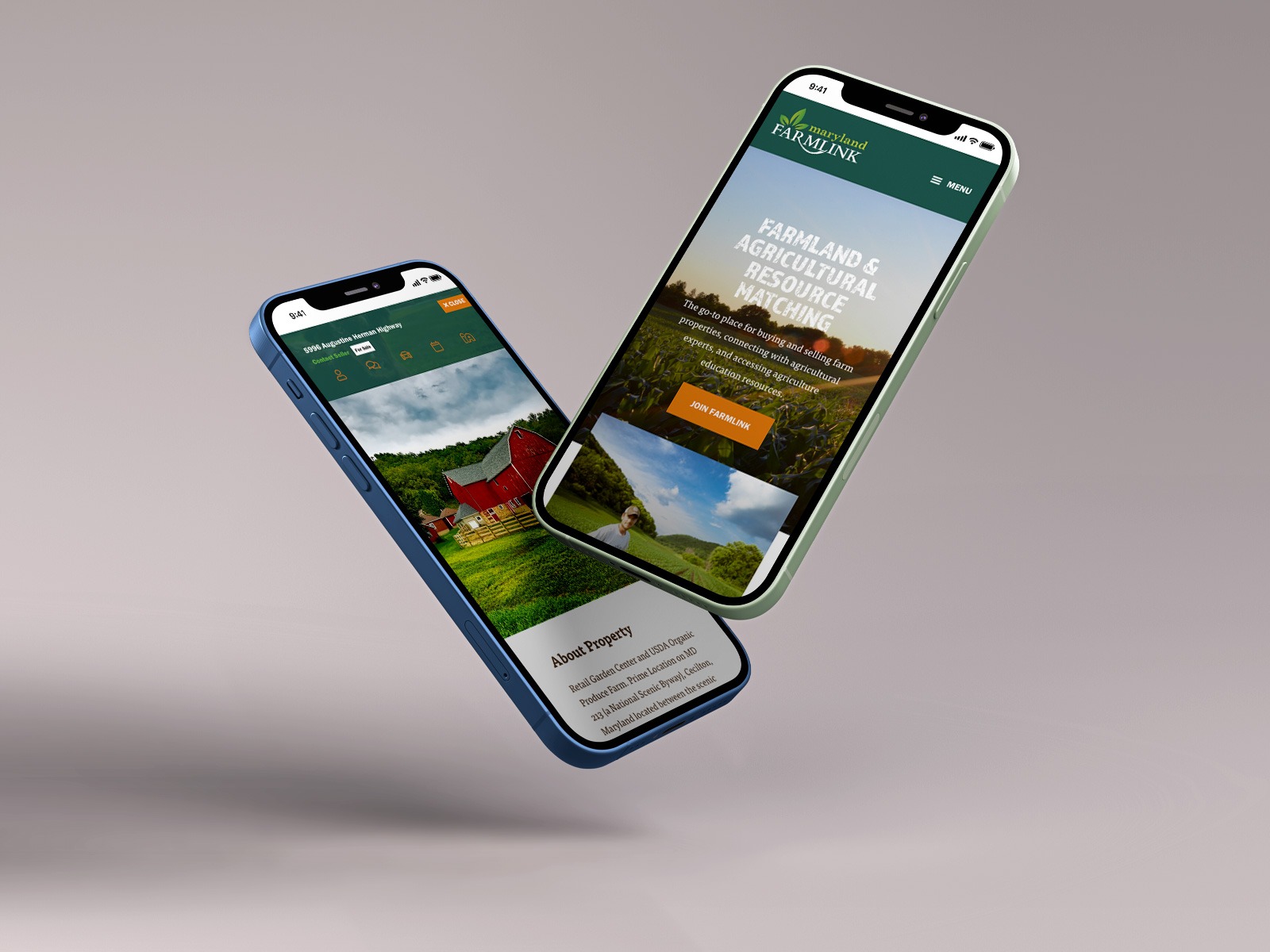 Two smartphones display a website about farmland and agricultural restoration. The screens show images of rural landscapes, barns, and buttons for joining or learning more. The phones are set against a neutral gray background.