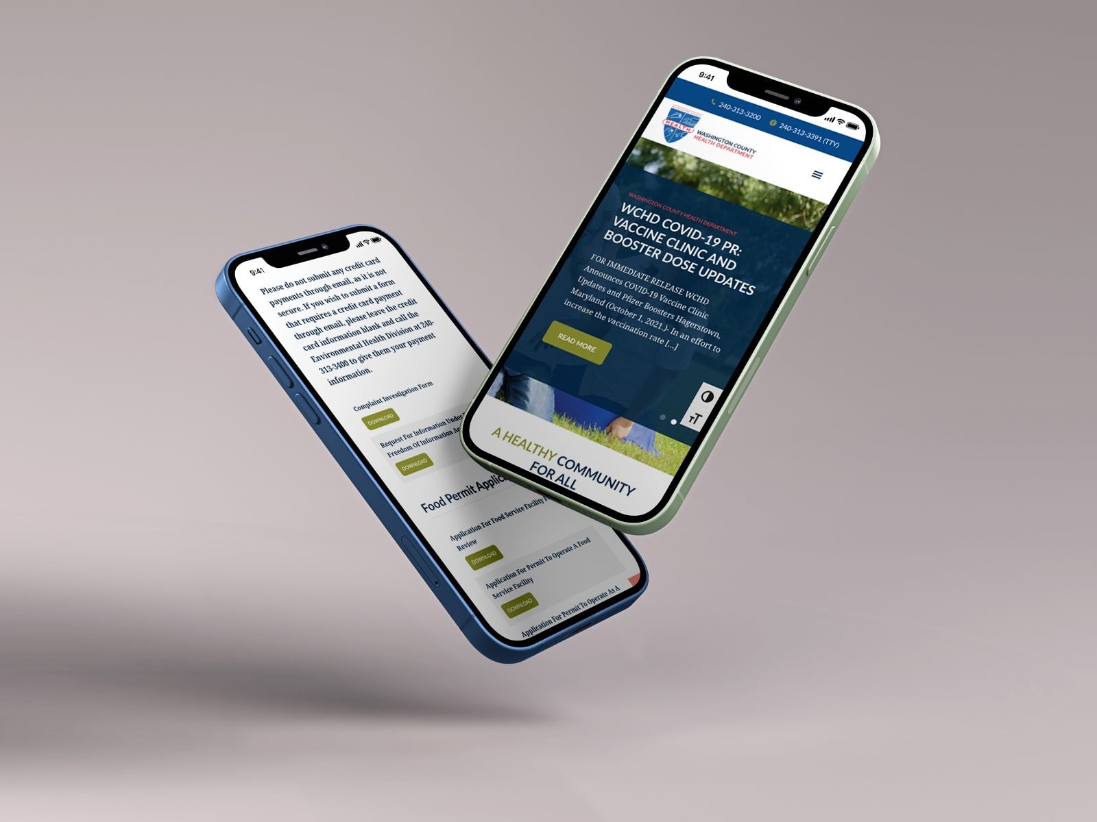 Two smartphones displaying a website related to COVID-19 vaccine clinics and updates. One screen shows text about health policies; the other features a blue and green interface with buttons for more information. The phones are angled and floating.
