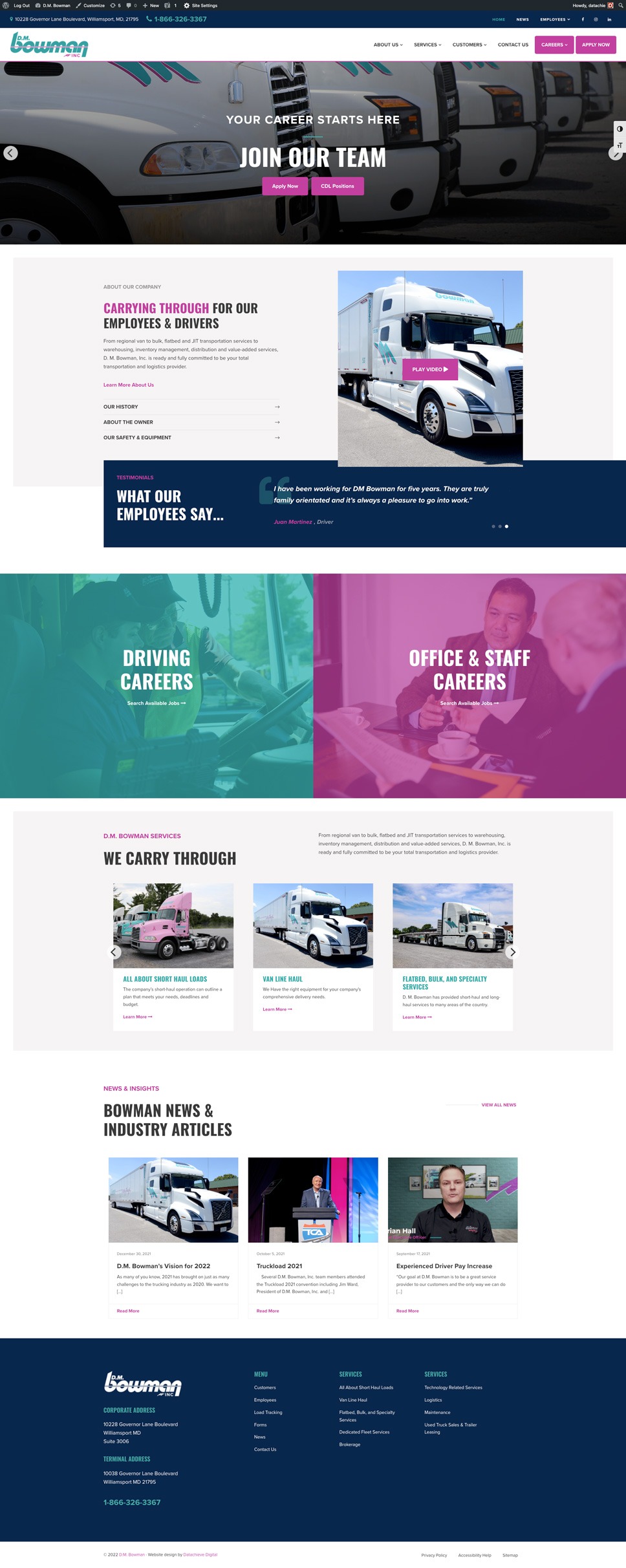 A screen capture of the entire front page of the new D.M Bowman website