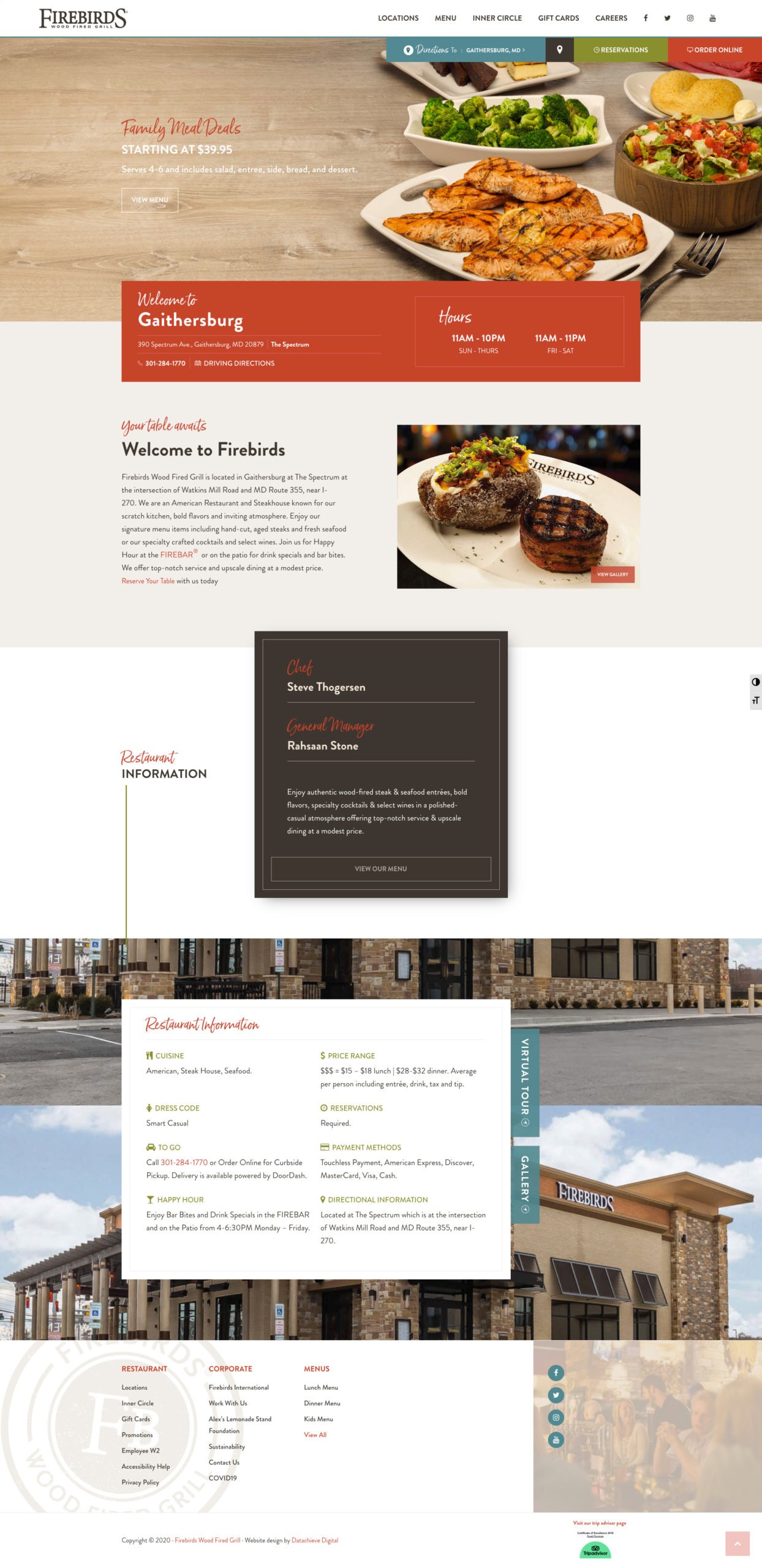 Screenshot of Firebirds Wood Fired Grill Gaithersburg webpage showing menu, hours, and location details. Highlights include family meal deals, signature menu items, and contact information. Background images depict the restaurant's exterior.