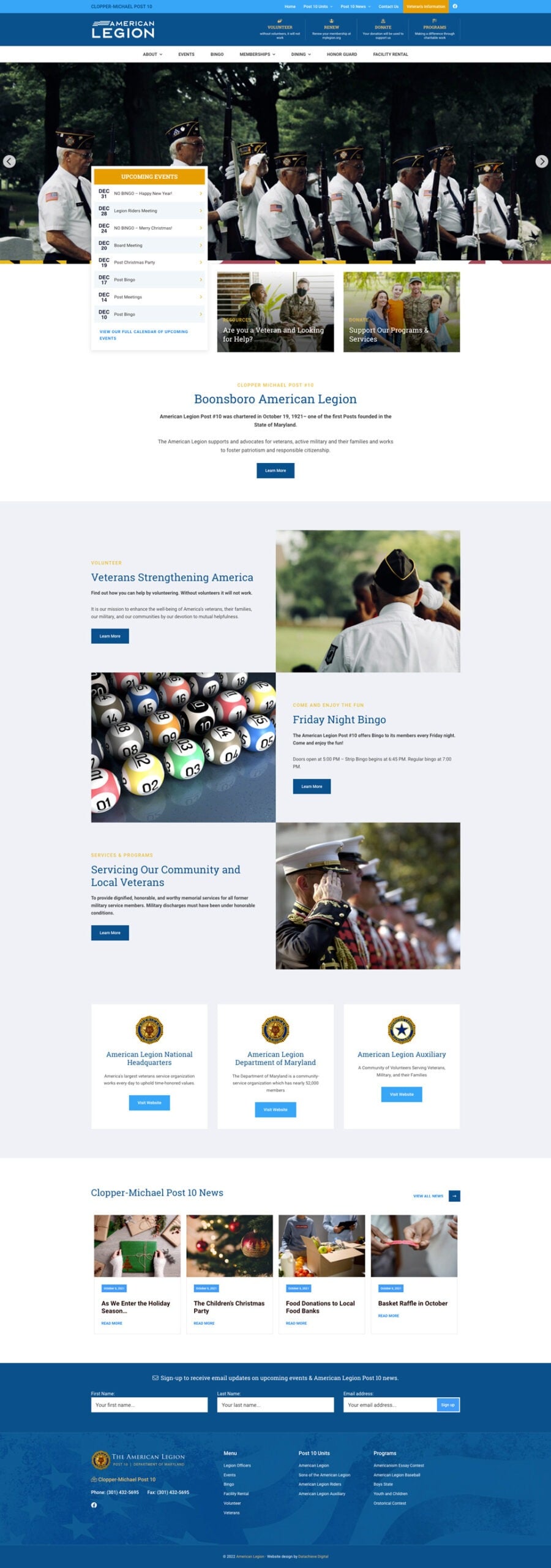 Screenshot of the Boonsboro American Legion website. It features a menu, images of a ceremony with flags, sections about veteran support, bingo events, and local community activities. The footer includes contact details and logos for affiliated organizations.