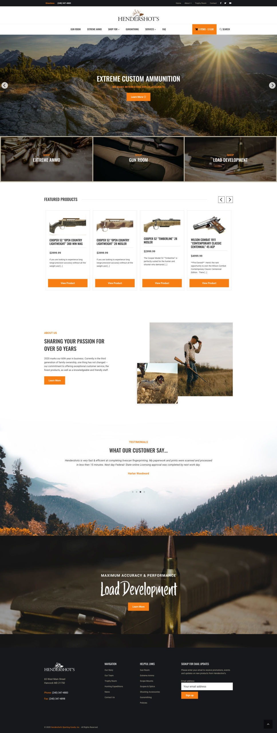 Screenshot of a website homepage for custom ammunition. Features a mountain landscape header, product listings with images and descriptions, customer testimonials, and navigation links for store, gun works, load development, and more.