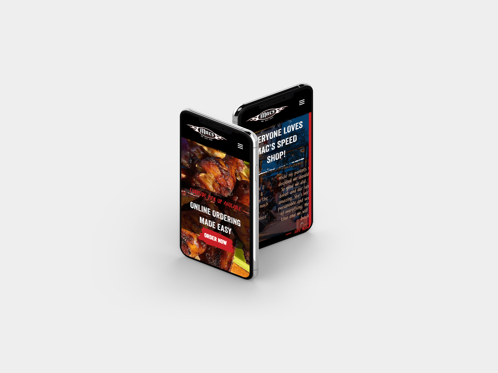 The homepage of Mac's Speed Shop is displayed on a pair of iPhones