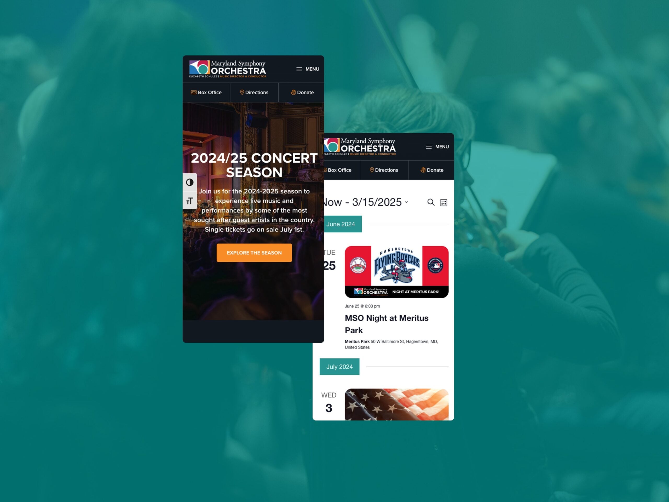 Preview samples of the new MSO website against a green-washed image of the orchestra
