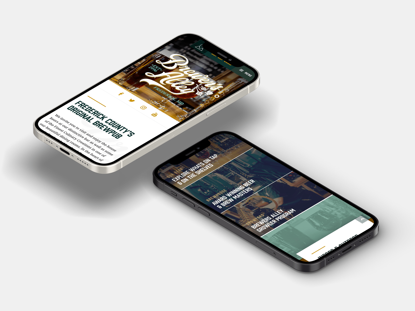 The homepage of the Brewer's Alley website is displayed on a pair of smartphones