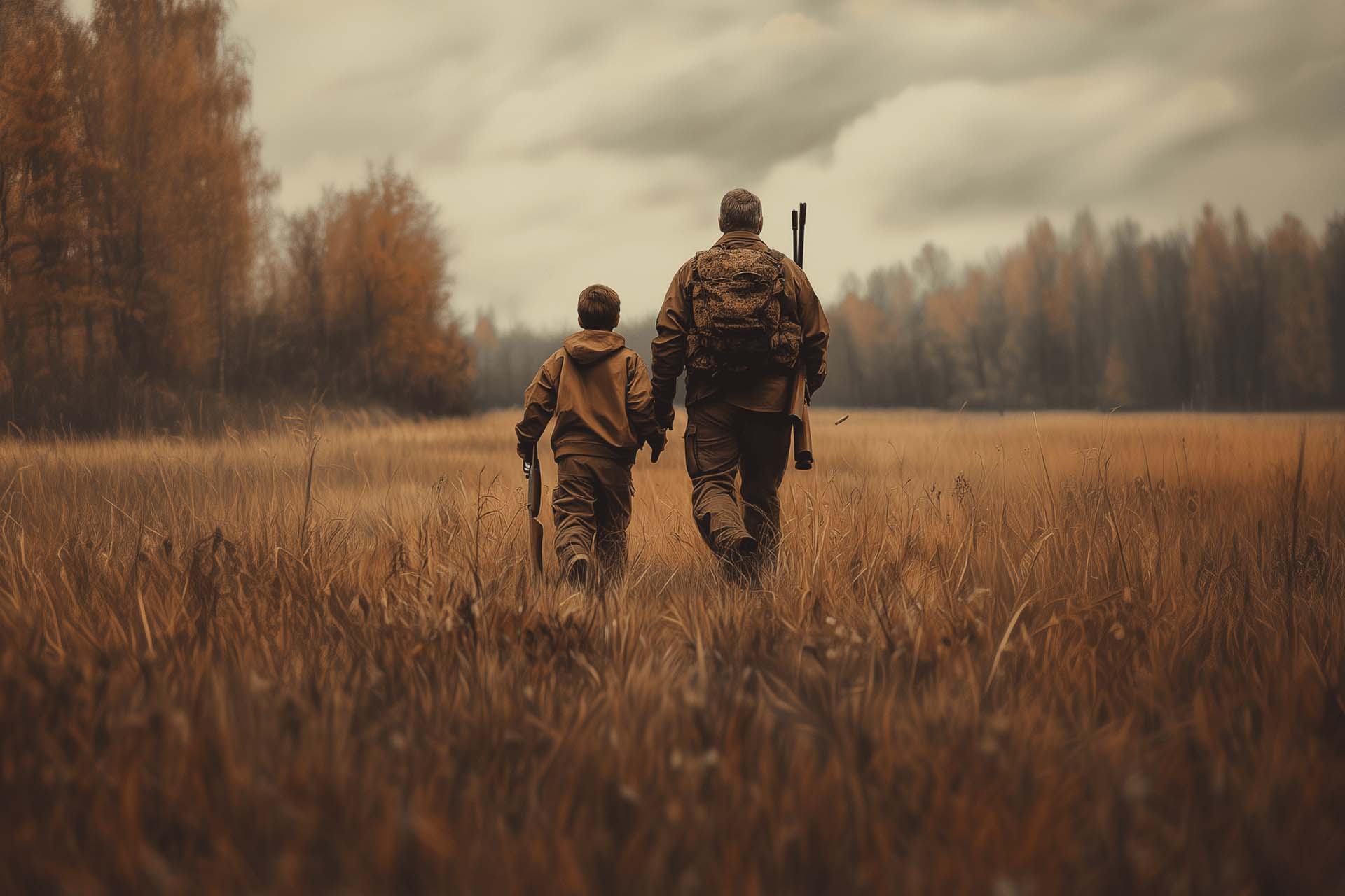 An adult and a child, both dressed in brown outdoor clothing and carrying hunting rifles, walk through a grassy field in autumn with trees in the background under a cloudy sky.