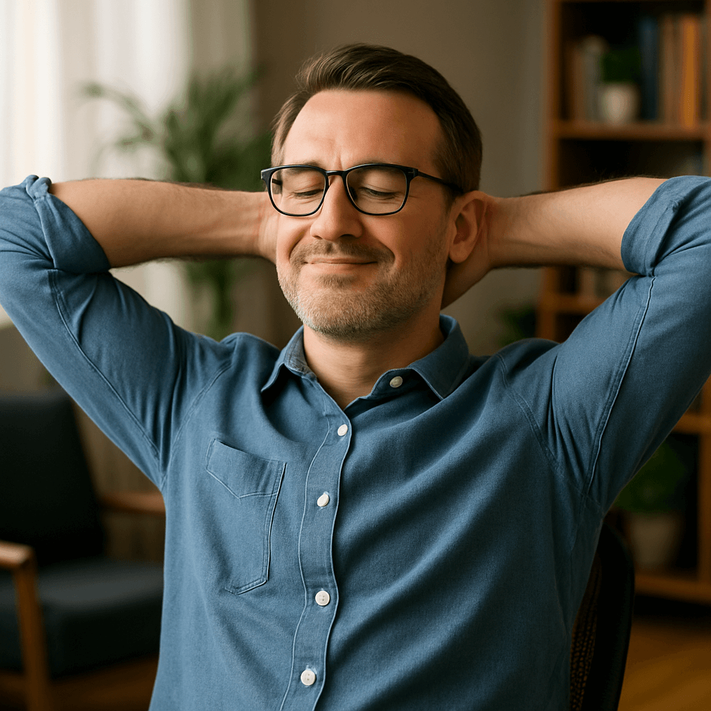 A man wearing glasses and a blue shirt sits back with his hands behind his head, eyes closed, and a content smile on his face in a cozy, well-lit room with bookshelves and plants.