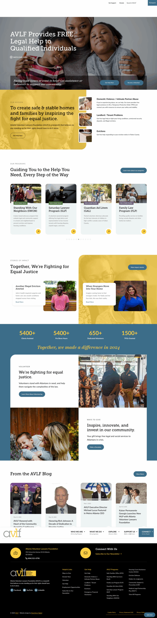 Screenshot of the AVLF website homepage showing diverse people, information about free legal help, services offered, impact statistics, testimonials, blog posts, and navigation menus in gold, white, and dark blue colors.