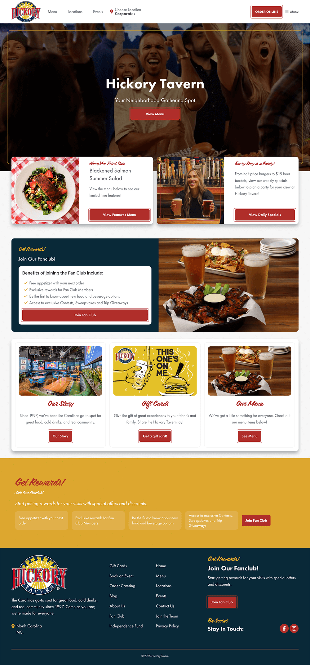 Homepage of Hickory Tavern featuring a food photo, people dining, membership promotion, menu highlights, stories, gift cards, and rewards. Navigation bar and contact info are visible at the top and bottom.
