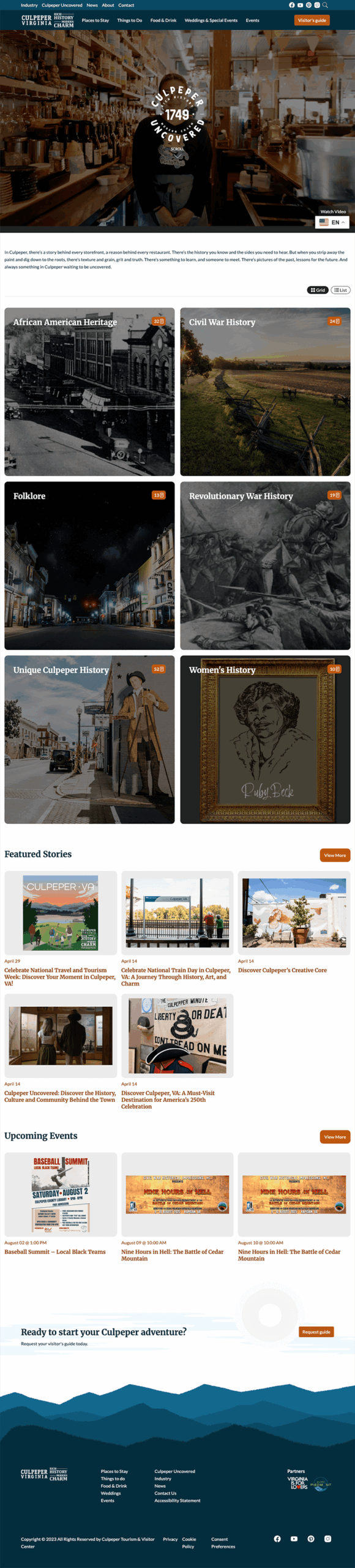 Screenshot of the Visit Culpeper, VA website homepage featuring a hero image of downtown Culpeper, themed sections for local history and folklore, event listings, and navigation menus on a dark and orange-accented layout.