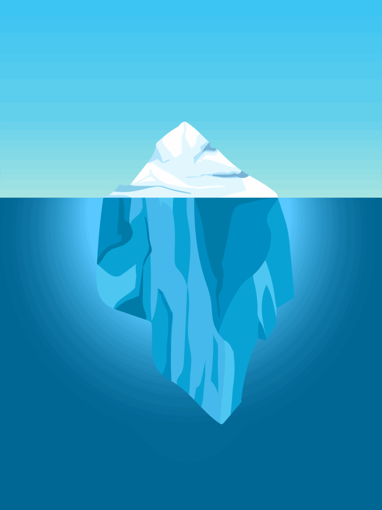 Vector illustration of an iceberg floating in the ocean, with a small portion visible above the water and a much larger section submerged beneath the surface, against a gradient blue sky.