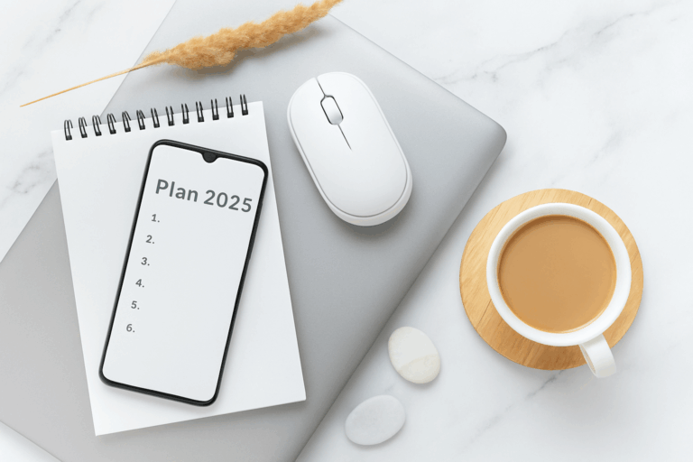 A workspace with a laptop, a notebook, a smartphone displaying “Plan 2025” with a numbered list, a wireless mouse, a cup of coffee, two stones, and a dried grass stem on a white marble surface.