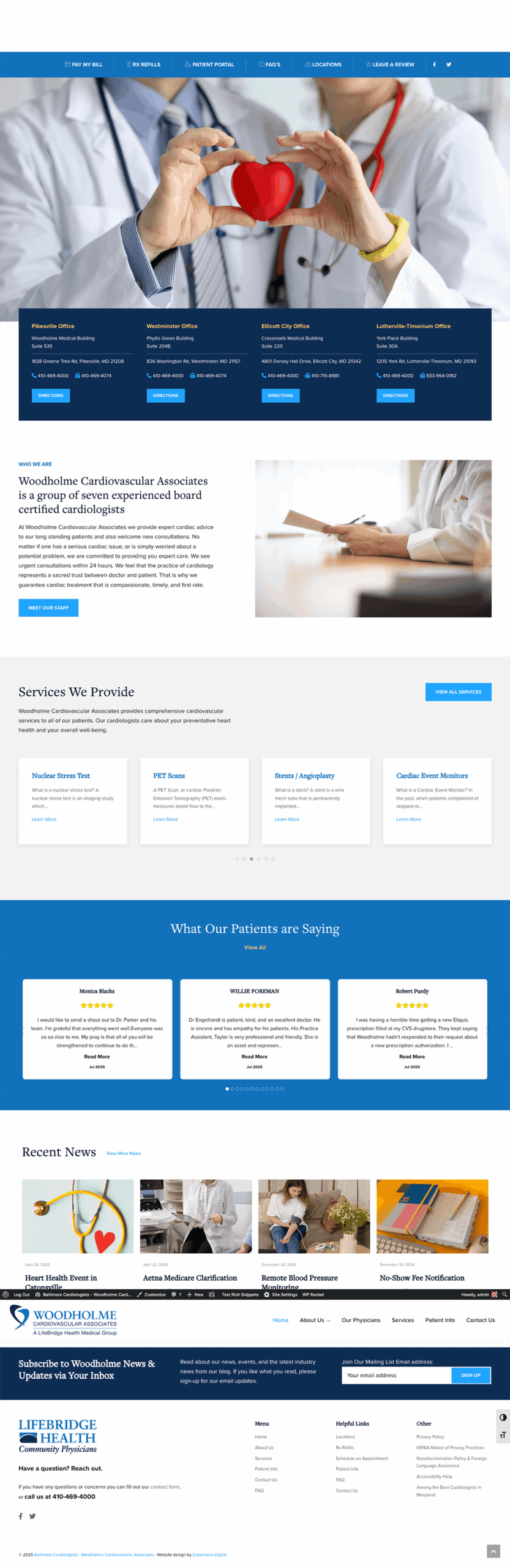 Screenshot of a medical website homepage featuring doctors holding a heart model, services provided, patient testimonials, recent news, and navigation menus for patients and visitors. The color scheme is blue and white.