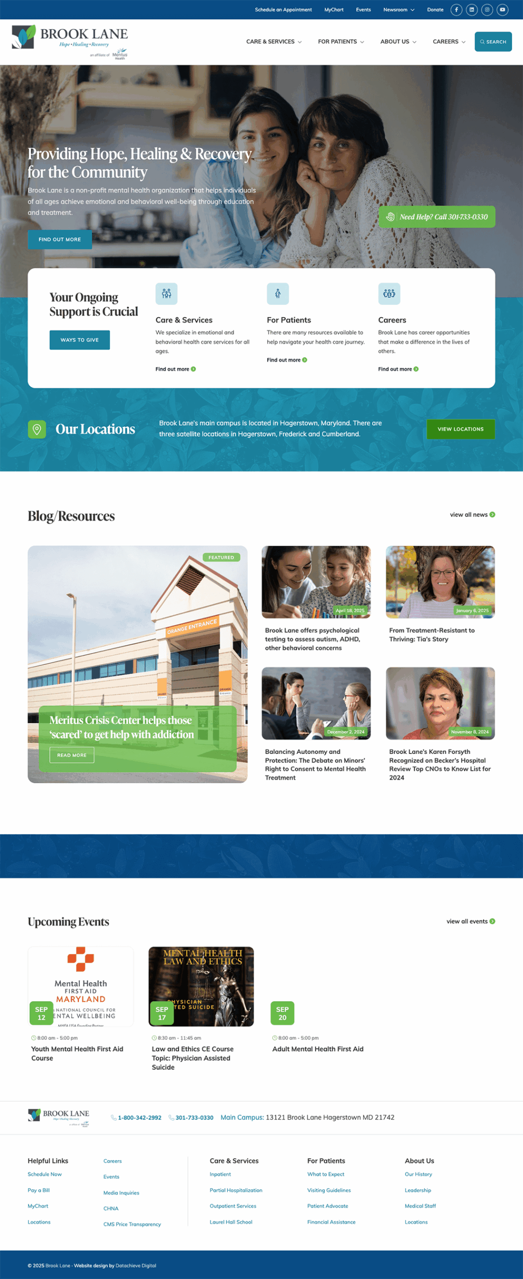 A website homepage for Brook Lane, a mental health organization, showing navigation menus, supportive banner image of two women, sections for services, locations, blog/resources, upcoming events, and contact details.