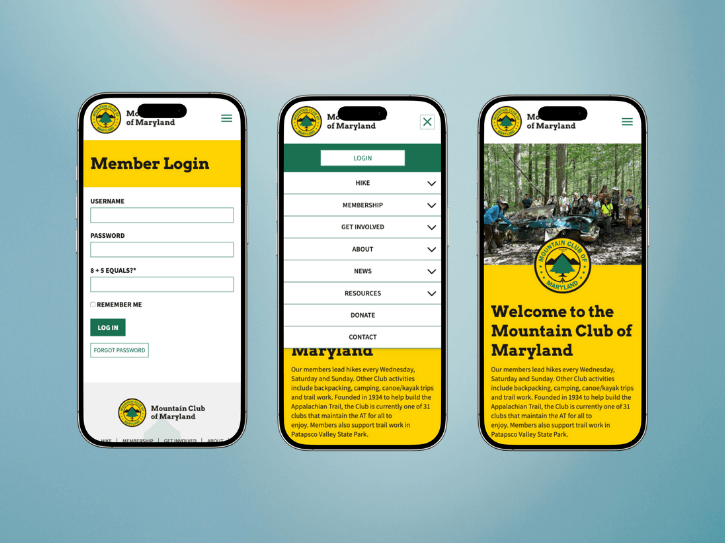 Three mobile phone screens show the Mountain Club of Maryland website: a member login page, a navigation menu, and a welcome page with a group hiking photo and information about the club.