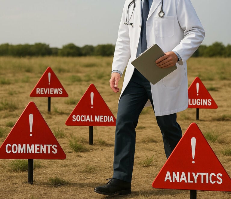 A doctor holding a tablet walks through a field with red warning signs labeled “Comments,” “Reviews,” “Social Media,” “Analytics,” and “Plugins.”.