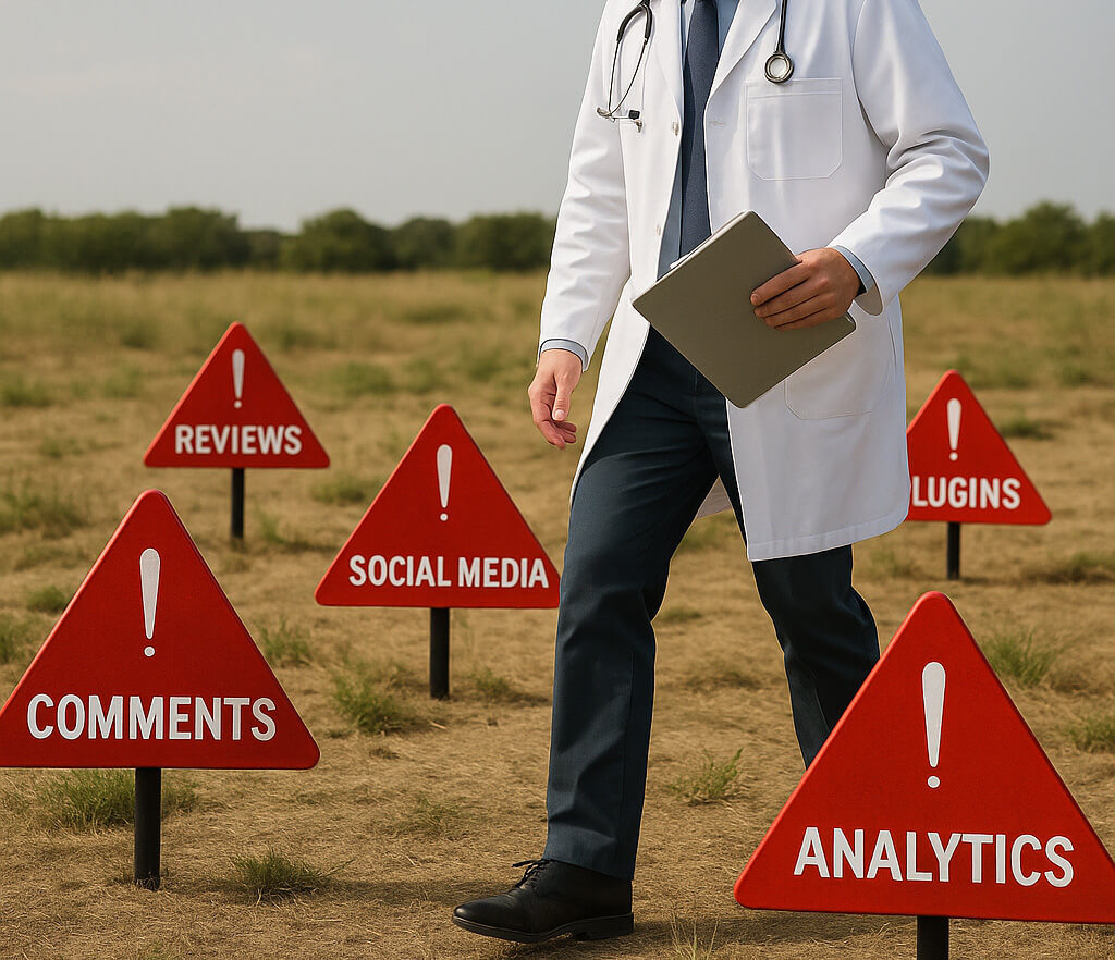 A doctor holding a tablet walks through a field with red warning signs labeled “Comments,” “Reviews,” “Social Media,” “Analytics,” and “Plugins.”.