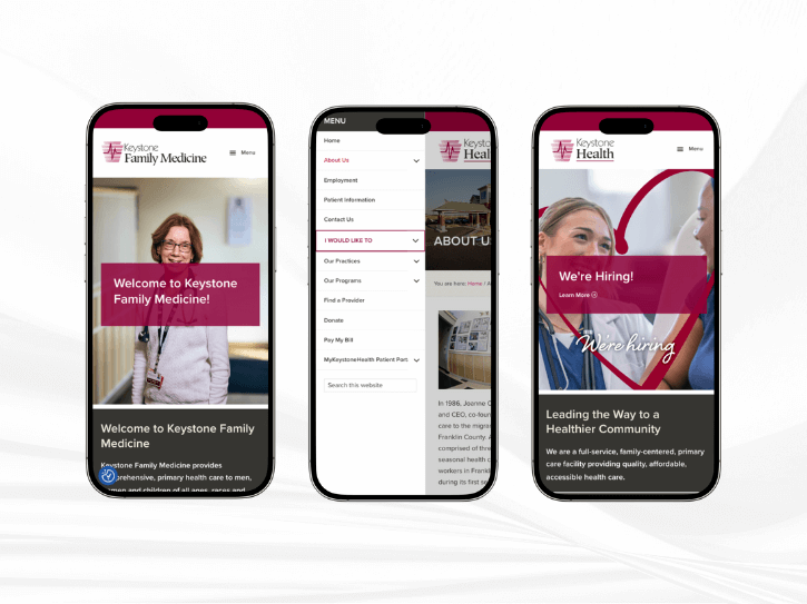 Three smartphones display the Keystone Family Medicine website. The screens show a welcome message, navigation menu, and a 