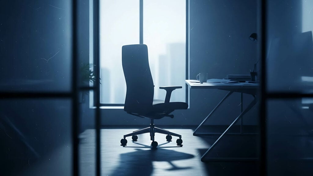 A modern office chair sits empty at a desk in front of large windows, with soft daylight streaming in and casting shadows on the floor. The room appears quiet and unoccupied, creating a calm, minimalist atmosphere.