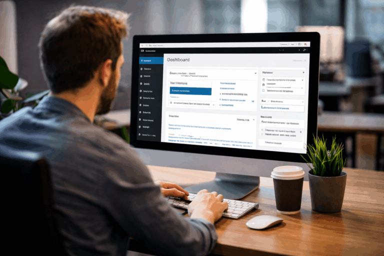 A man sits at a desk, using a desktop computer displaying a WordPress website dashboard interface. A coffee cup, notebook, and small potted plant are on the desk in an office setting.