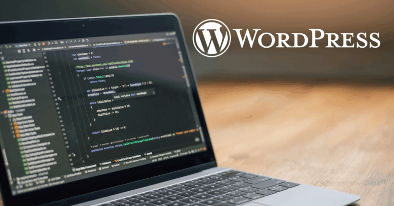 A laptop displaying code on its screen sits on a wooden surface, with the WordPress logo and text prominently shown in the background.