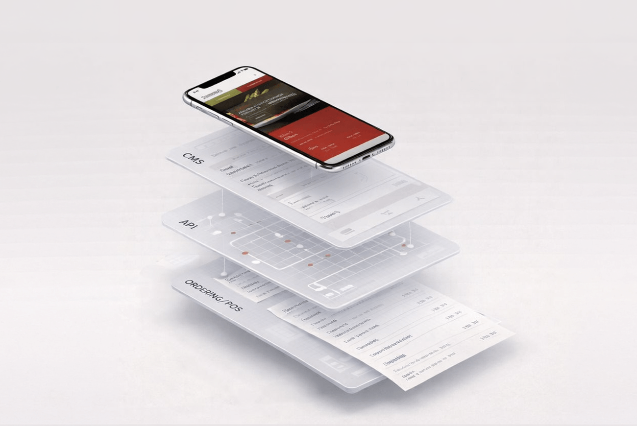 A smartphone floats above layered translucent digital interface screens, illustrating a stack of software components labeled CMS, API, and operations/POS, representing modern app or web architecture.
