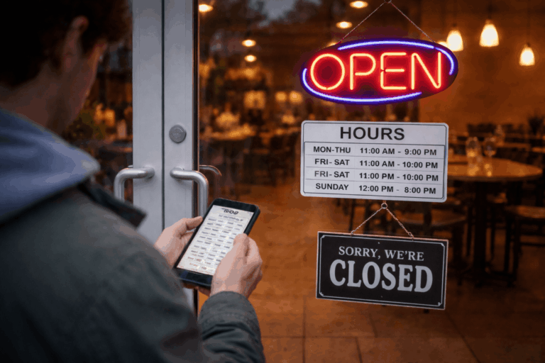 A person stands outside a restaurant door with 