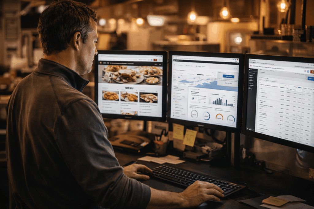 A restaurant manager works at a desk with three monitors displaying a food menu, website analytics, and dashboard data in a warmly lit office or restaurant setting.