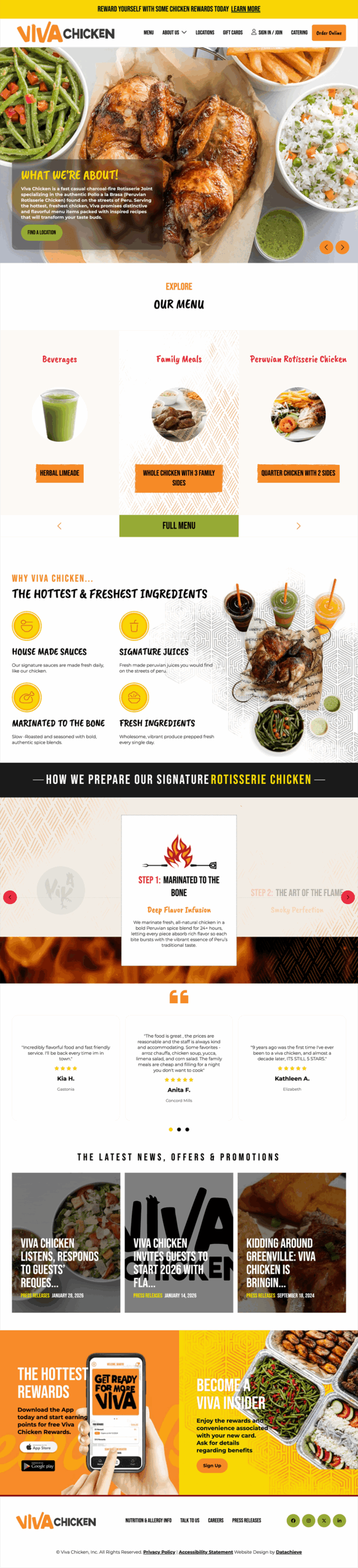 Screenshot of Viva Chicken’s website showing their menu, signature rotisserie chicken, fresh ingredients, news, promotions, and vibrant images of Peruvian-inspired dishes with orange, green, and white accents throughout the site.